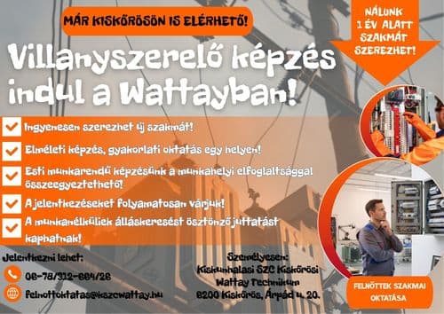 A Wattay Technikum villanyszerelő képzést indít felnőttek számára, ahol piacképes, keresett szakmát szerezhetsz.